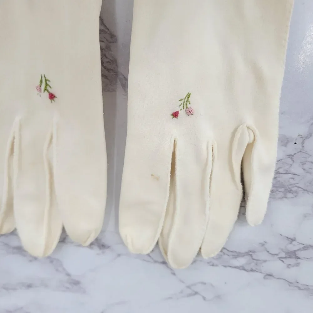 50s Vintage Cream Hand Floral Flower Embroidered Women's Dress Gloves